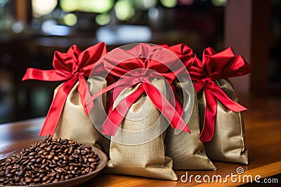 bags of local coffee beans tied with bow Stock Photo