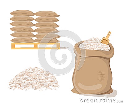 Bags on Pallet. Sack with Pile of Rice Vector Illustration