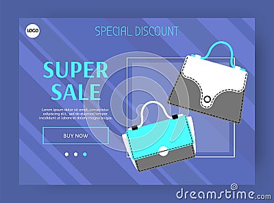 Bags sale landing page. Online shopping. Fashionable clothing boutique. Website template design. Leather tote. Luxury Vector Illustration