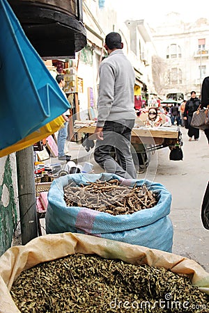 Bags of spices on the market in Tripoli, Libia Editorial Stock Photo