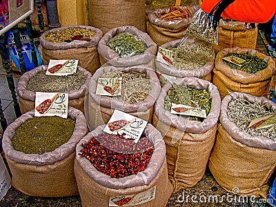 Bags of spices and nuts at an Jerusalem market Israel Editorial Stock Photo