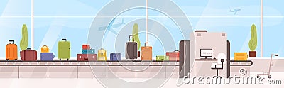 Bags, suitcases on baggage carousel against window with flying aircrafts on background. Device with conveyor belt Vector Illustration