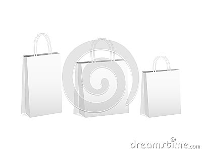 Bags for things and purchases mockup. White long wide package with twisted handles convenient cardboard container for carrying Vector Illustration