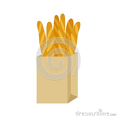 Baguette bread in paper package. Vector Cartoon Illustration