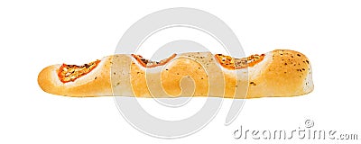 Baguette, long bun with dried tomatoes, side view, isolated on white background with clipping path Stock Photo