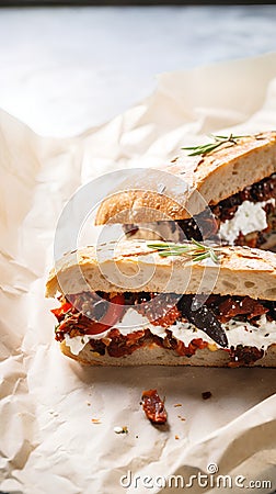 Baguette sandwich with dried tomatoes, mozzarella cheese and black olives Stock Photo