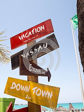Bahamas distance sign to vacation locations Stock Photo