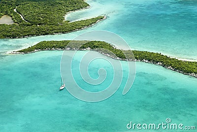 Bahamas from the Sky, with a Yacht Stock Photo