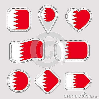 Bahrain flag stickers set. Bahraini national symbols badges. Isolated geometric icons. Vector official flags collection Vector Illustration