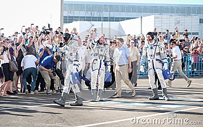 BAIKONUR, KAZAKHSTAN - JULE, 28: real Astronauts, astronauts are sent to the ISS on a Russian space rocket. Randolph Editorial Stock Photo