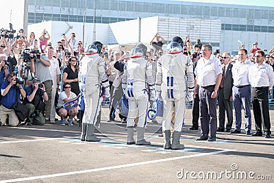 BAIKONUR, KAZAKHSTAN - JULE, 28: real Astronauts, astronauts are sent to the ISS on a Russian space rocket. Randolph Editorial Stock Photo