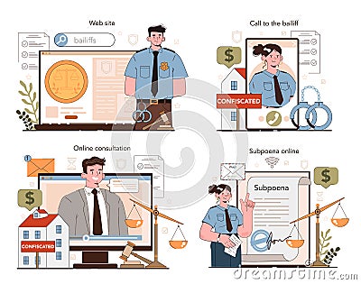 Bailiff concept online service or platform set. Court officer confiscating Cartoon Illustration