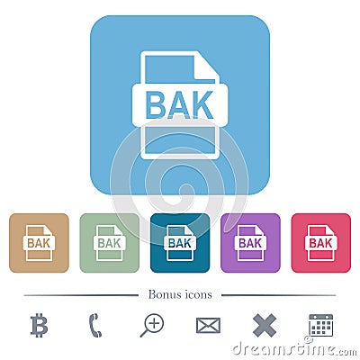 BAK file format flat icons on color rounded square backgrounds Stock Photo
