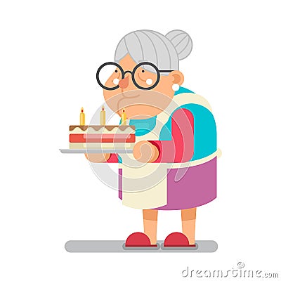 Bake complimentary cake Household Granny Old Lady Character Cartoon Flat Design Vector illustration Vector Illustration