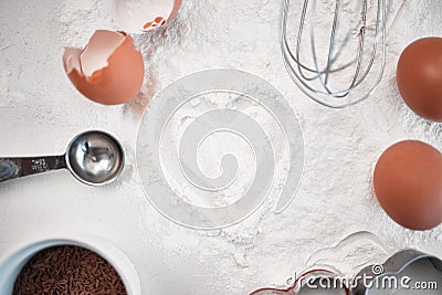 Bake with love. baking powder dusted into a heart shape on a countertop after baking. Stock Photo