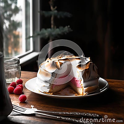 Baked Alaska cake with berries Stock Photo