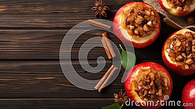 Baked apples with cinnamon and nuts on wooden background. Top view with copy space Generative AI Cartoon Illustration