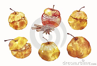 Baked apples with cinnamon and star anise watercolor. Cartoon Illustration