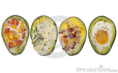 Baked avocado with eggs on white background Stock Photo