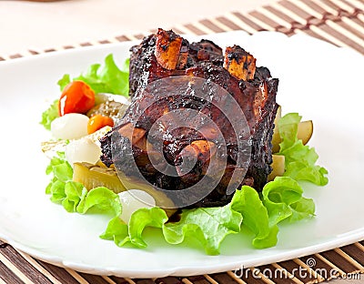 Baked beef ribs in honey soy marinade Stock Photo