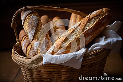 baked bread baguettes in a basket,homebaked bread Generative AI Stock Photo