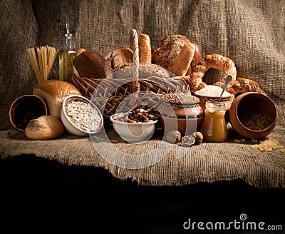Baked bread on sacking Stock Photo