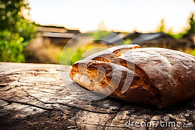 baked bread on the table, blurred nature background Stock Photo