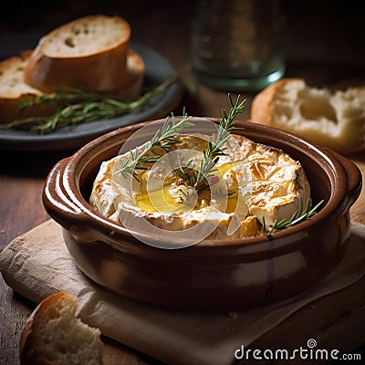 Baked camembert with garlic and rosemary warm vibrant light country kitchen Cartoon Illustration