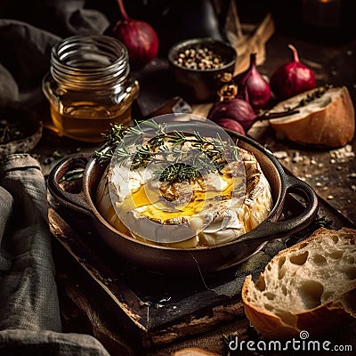 Baked camembert with garlic and rosemary warm vibrant light country kitchen Cartoon Illustration