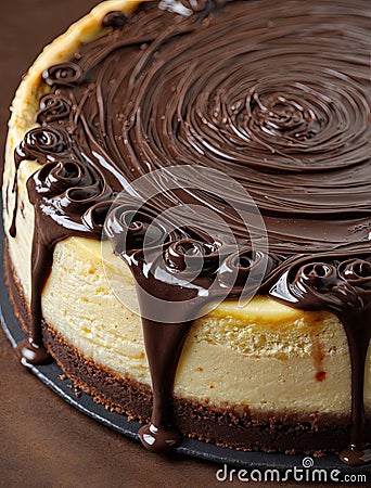 Baked cheese cake with chocolate ganache topping isolated close up Stock Photo