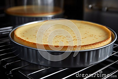 Baked cheese cake in oven home made desert Stock Photo