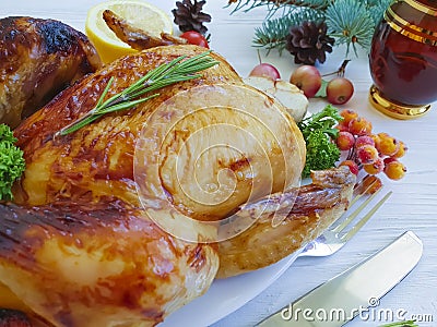 baked chicken fried whole culture food setting thanksgiving dinner homemade cooked christmas white on a wooden background Stock Photo