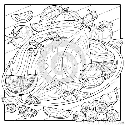 Baked chicken with orange, apple, berries and cilantro.Coloring book antistress for children and adults. Vector Illustration