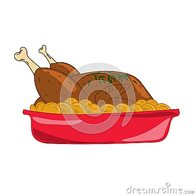 Baked chicken with potatoes and herbs in a tray Vector Illustration