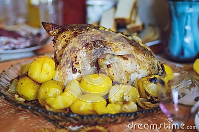 Baked chicken with potatoes, homemade food Stock Photo