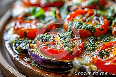 Baked Eggplants with Cheese, Tomatoes and Green Sauce, Italian Parmigiana with Grilled Aubergine Stock Photo