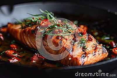 Baked fish with asparagu in the plate Stock Photo