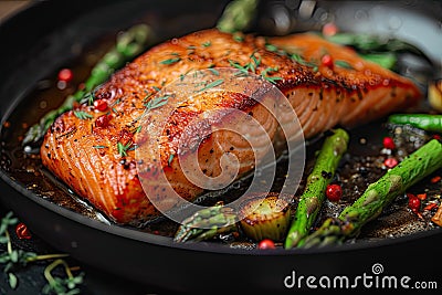 Baked fish with asparagu in the plate Stock Photo