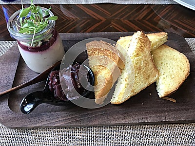 Baked french toast with goose liver Stock Photo