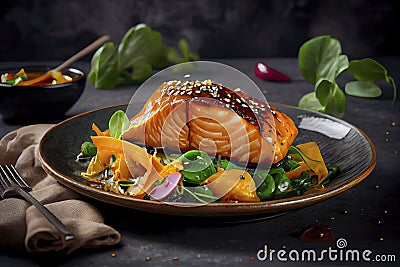 Baked or fried salmon and salad, Paleo, keto, fodmap, dash diet. Mediterranean food with steamed fish Stock Photo