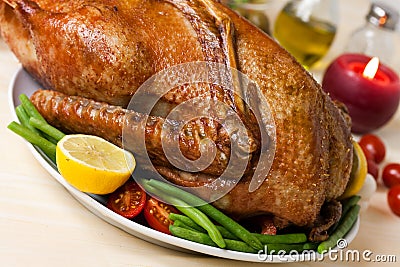 Baked Goose with green beans,potatoes Stock Photo