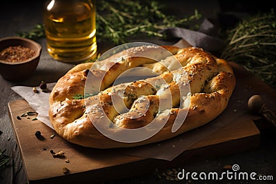 Baked Italian bread focaccia. Generate ai Stock Photo