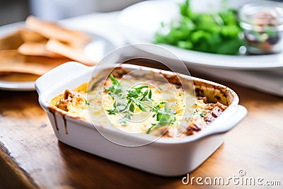 baked lasagna in a dish with bubbling cheese Stock Photo