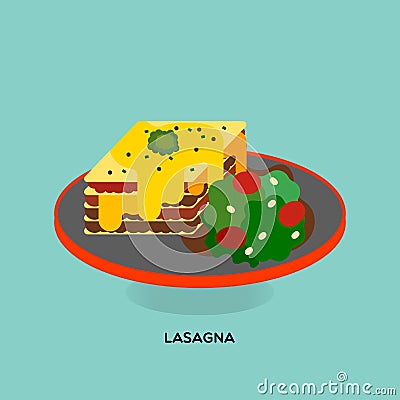 BAKED LASAGNA WITH GREEN SALAD Vector Illustration