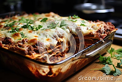 Baked lasagna with meat, cheese and parsley in baking dish, A family-sized lasagna coming out of the oven, AI Generated Stock Photo