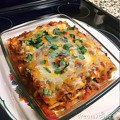 Baked lasagna with meat, cheese and vegetables in baking dish Stock Photo