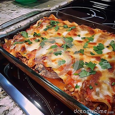 Baked lasagna with meat, cheese and vegetables in a metal tray Stock Photo