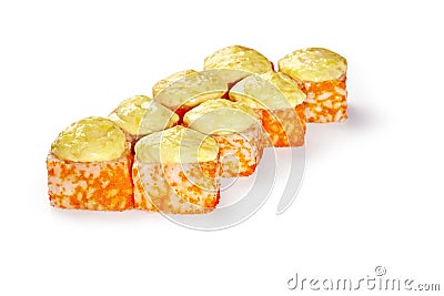Baked maki sushi rolls with salmon, cucumber and cream cheese in masago roe Stock Photo