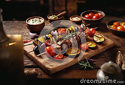 Baked meat on a skewer, kebab and baked vegetables on a wooden tray. Stock Photo