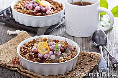 Baked oatmeal with carrot, walnuts and raisins Stock Photo